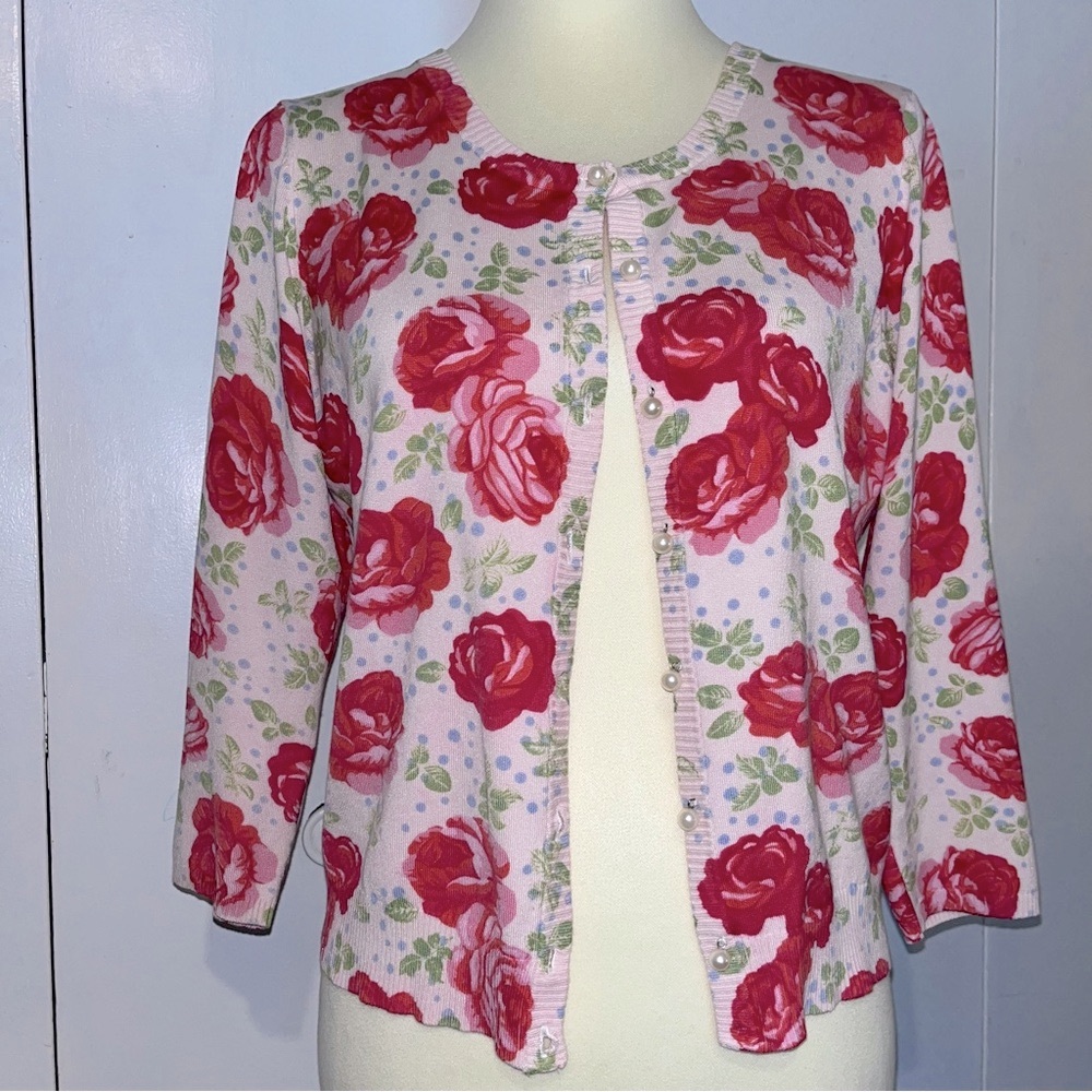 White + Warren Silk & Cotton Blend Rose Print Cardigan Sweater
